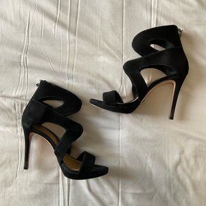 Schutz Black Suede Cage Heels Sandals Shoes Women's 6.5 Going Out Party